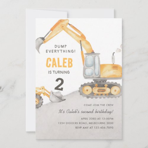 Dump Truck 2nd Birthday Yellow Construction Invitation