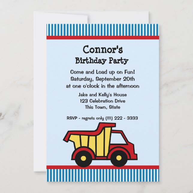 Dump Truck and Pin Stripe Birthday Party Invitation (Front)