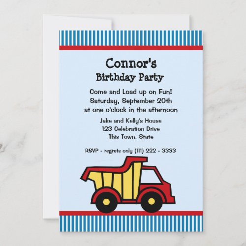 Dump Truck and Pin Stripe Birthday Party Custom Announcement