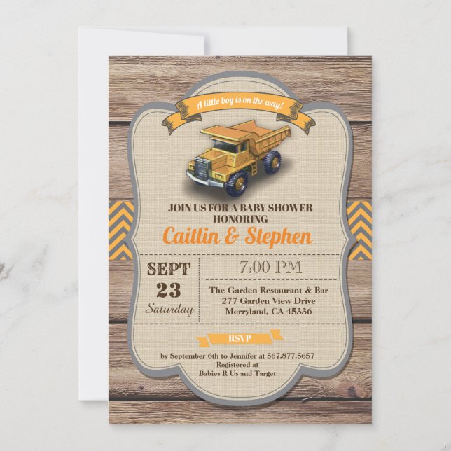 Dump truck baby shower invitation. Vintage retro Invitation (Front)