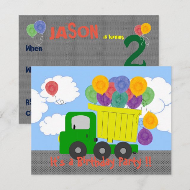 Dump Truck Balloons Birthday Invite (Front/Back)