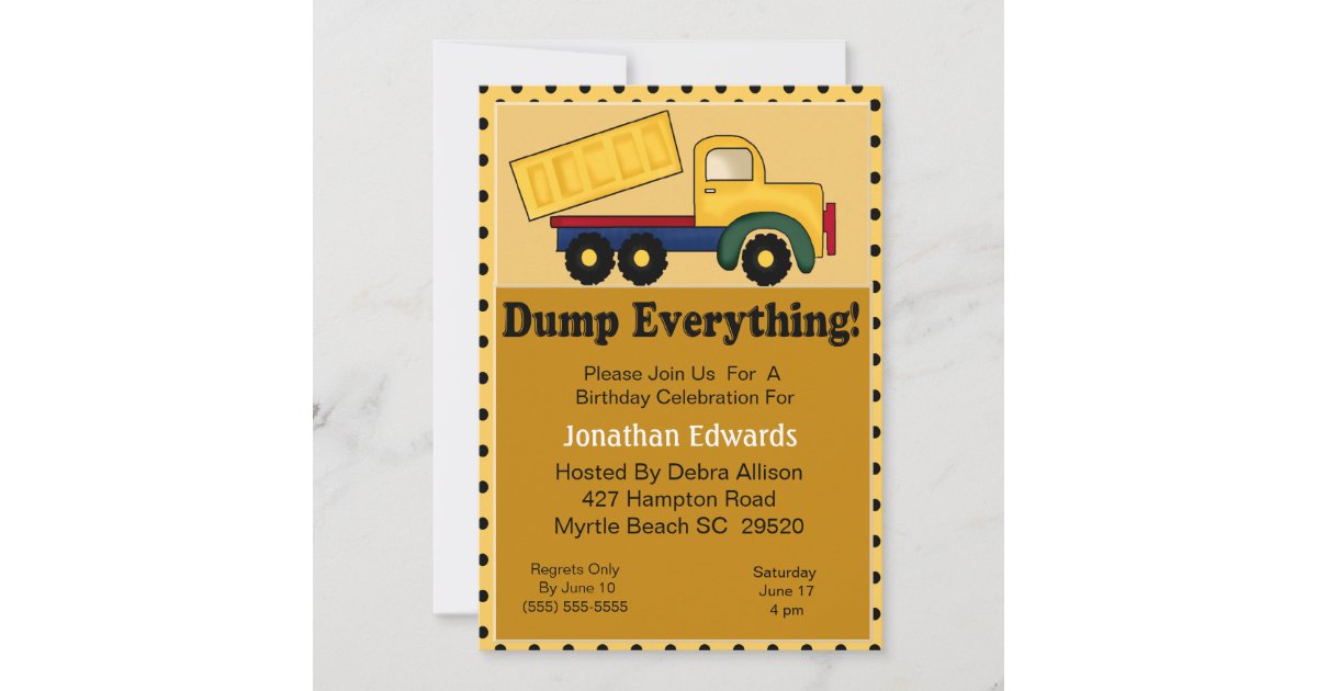 Dump Truck Birthday Invitation Zazzle 3487