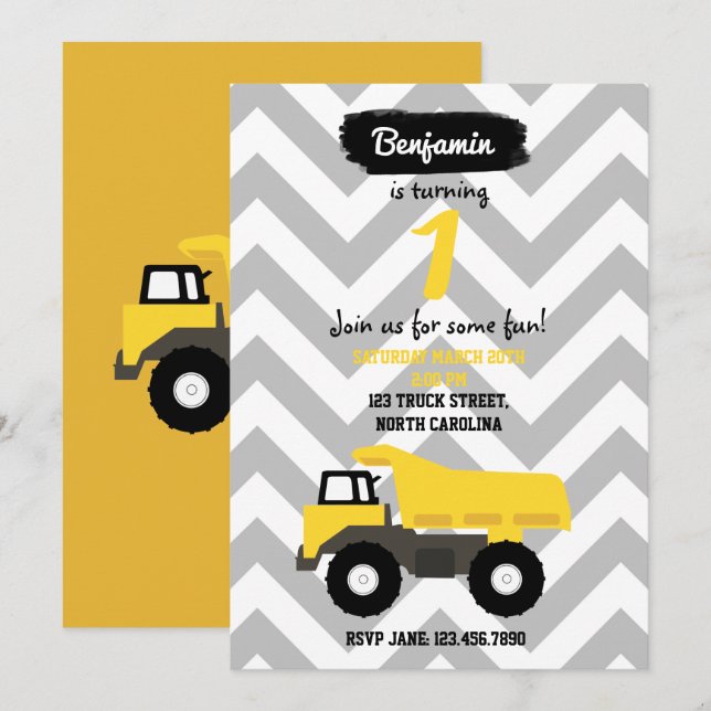 Dump Truck Birthday Invitation for Boy or Girl (Front/Back)