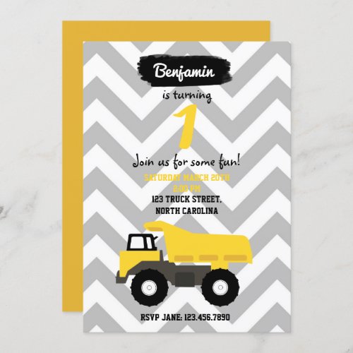 Dump Truck Birthday Invitation for Boy or Girl