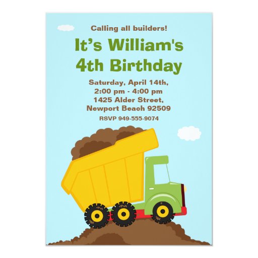 Dump Truck Birthday Party Invitations 5