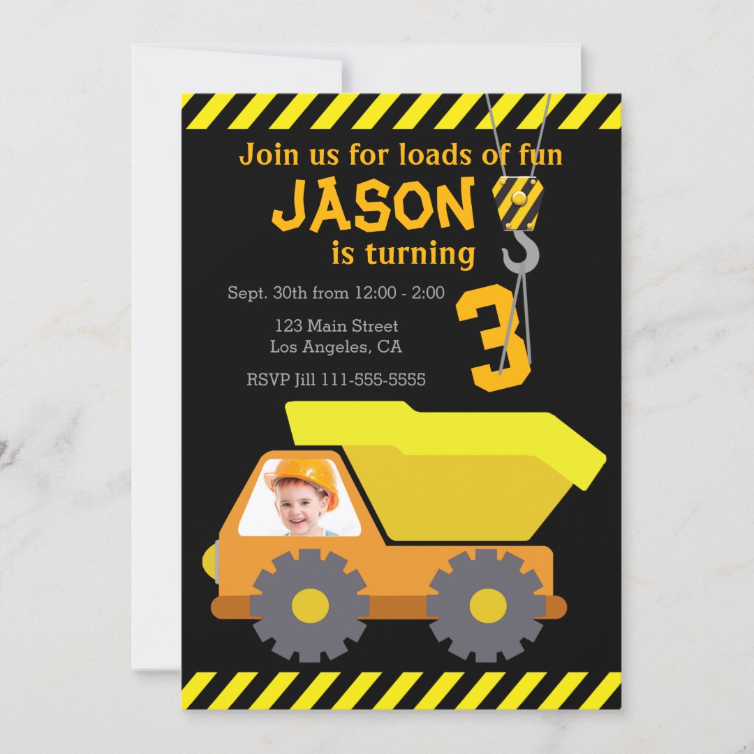 Dump Truck Birthday Party Invitation with Photo | Zazzle
