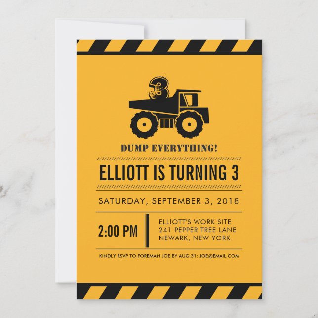 Dump Truck Birthday Party Invites (Front)