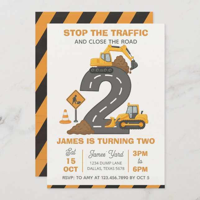 Dump Truck Construction 2nd Birthday Invitation (Front/Back)