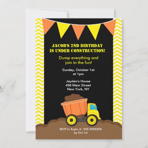 Dump Truck Construction Birthday Invitations