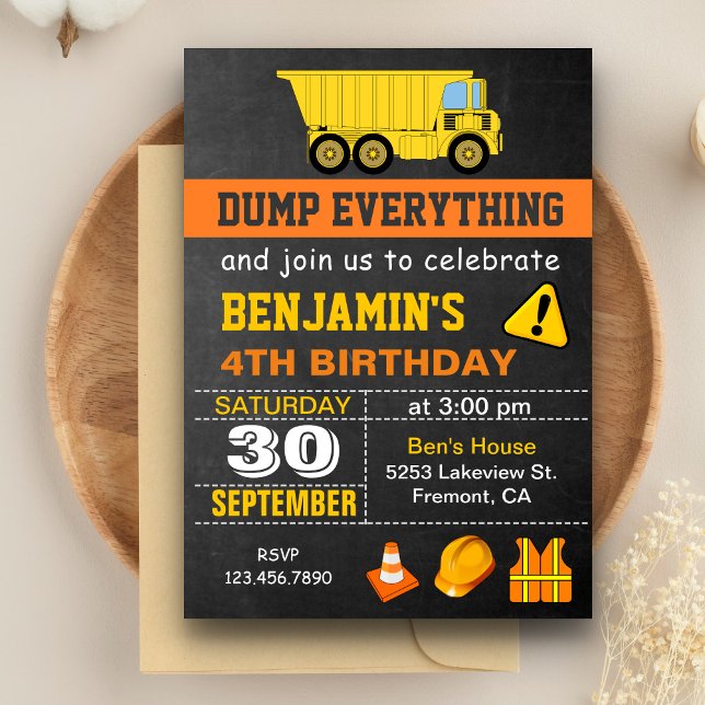 Dump Truck Construction Birthday Party Invitation (Creator Uploaded)