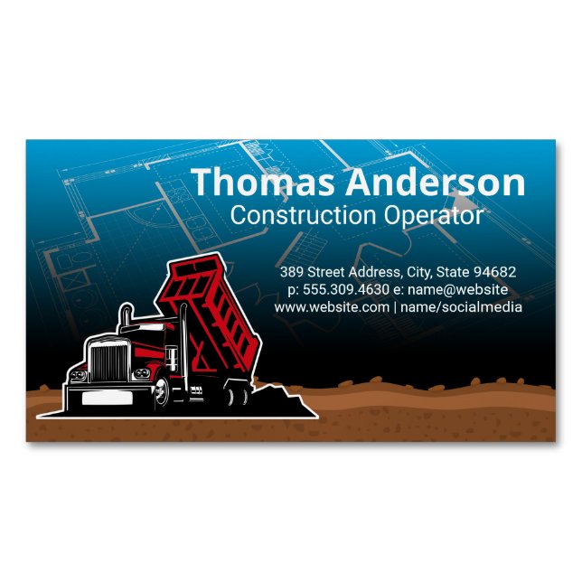 Dump Truck | Construction Blue Prints Business Card Magnet (Front)
