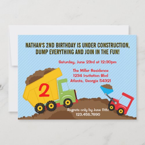 Dump Truck Construction Boy Birthday Party Invitation