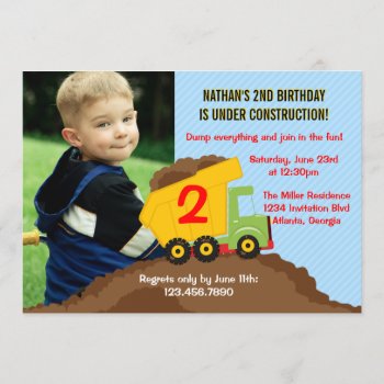Dump Truck Construction Boy Birthday Party Photo Invitation by InvitationBlvd at Zazzle