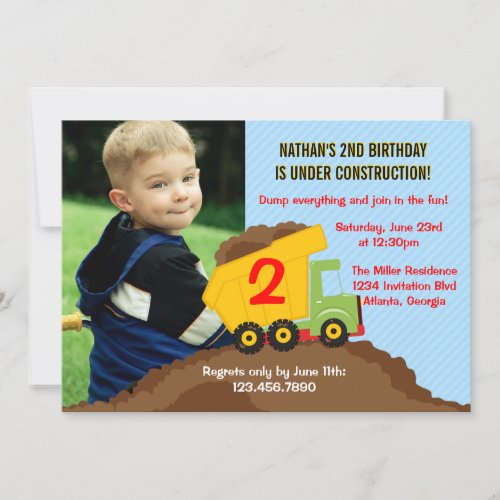 Dump Truck Construction Boy Birthday Party Photo Invitation