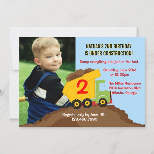 Dump Truck Construction Boy Birthday Party Photo Custom Invitations