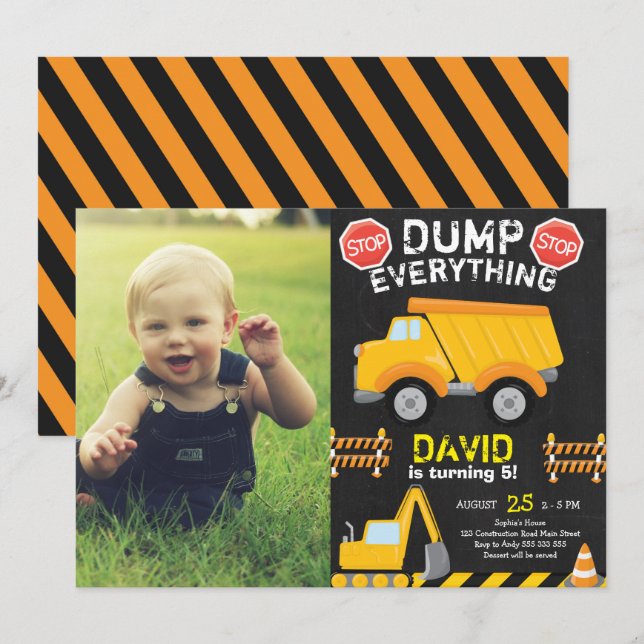 Dump Truck Construction Chalk Birthday with Photo Invitation (Front/Back)