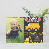 Dump Truck Construction Chalk Birthday with Photo Invitation (Standing Front)