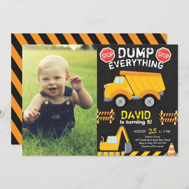 Dump Truck Construction Chalk Birthday with Photo Invitation (Front/Back)