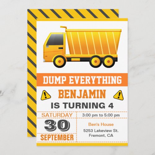 Dump Truck Construction Kids Birthday Party Invitation