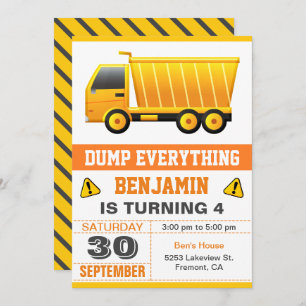 Dump Truck Construction Kids Birthday Party Invitation