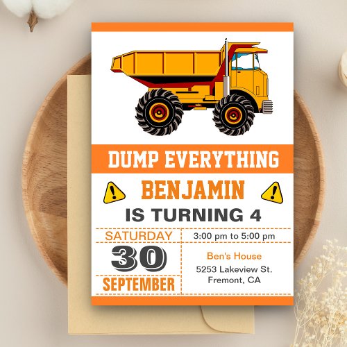 Dump Truck Construction Kids Birthday Party Invitation