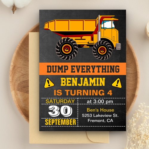 Dump Truck Construction Kids Birthday Party Invite
