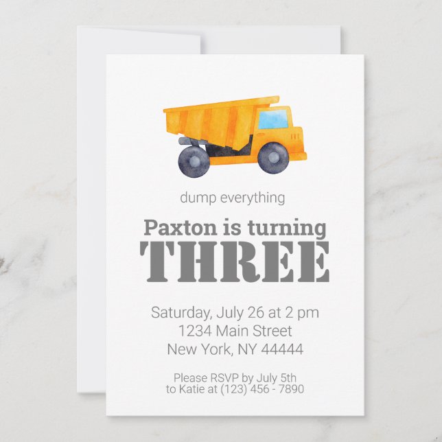Dump truck Construction Party Dumptruck Invitation (Front)