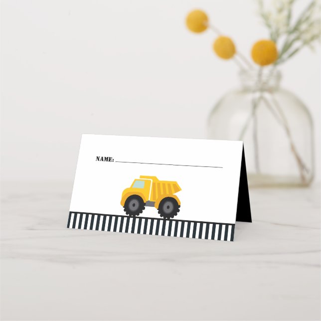 Dump Truck Construction Striped Birthday Place Card (Front)