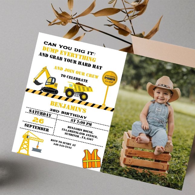 Dump truck construction theme birthday invitation (Creator Uploaded)