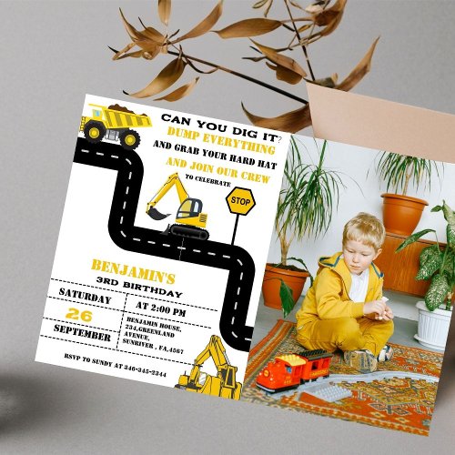 Dump truck construction theme birthday invitation