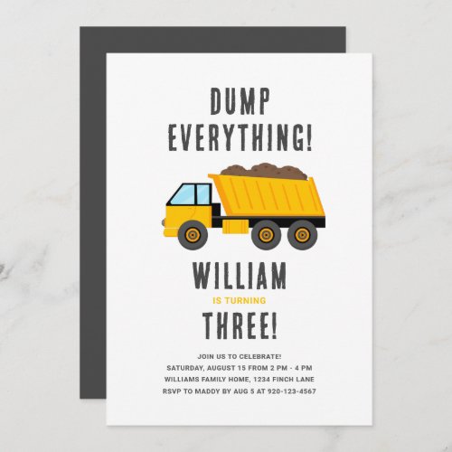 Dump Truck Construction Theme Birthday Party Invitation