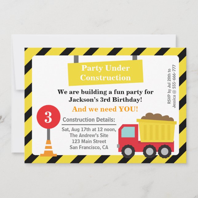 Dump Truck Construction Theme Birthday Party Invitation (Front)