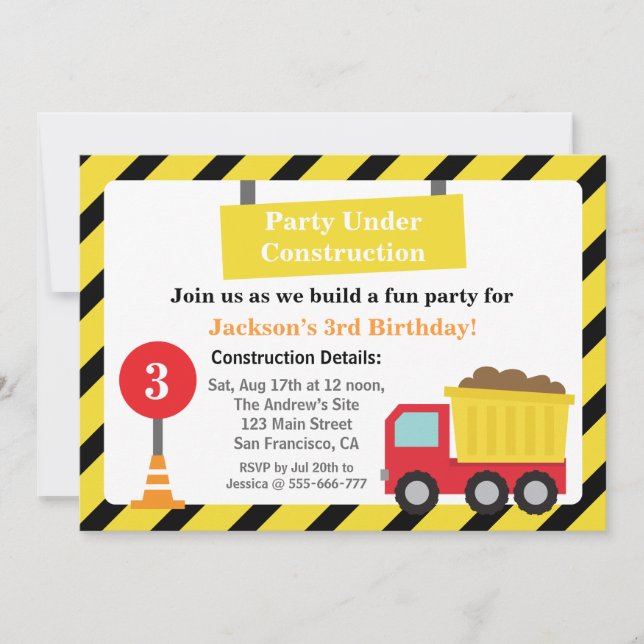 Dump Truck Construction Theme Birthday Party Invitation (Front)