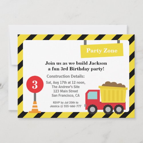 Dump Truck Construction Theme Birthday Party Invitation