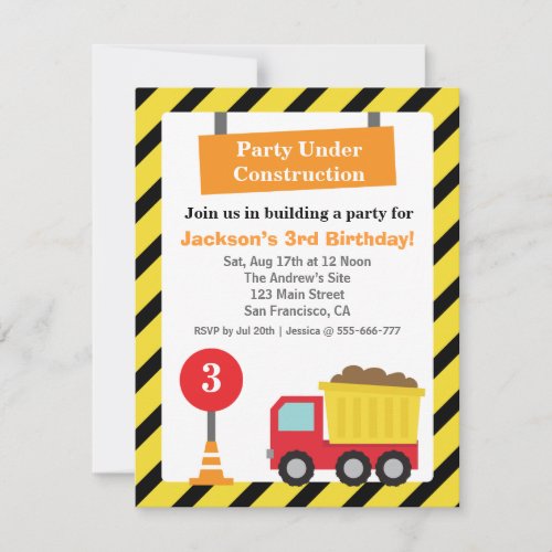 Dump Truck Construction Theme kids Birthday Party Invitation