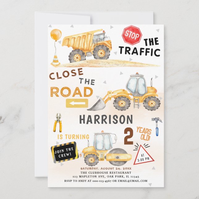 Dump Truck Construction Theme Party Birthday Invitation (Front)