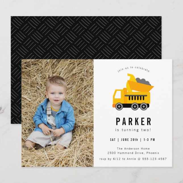 Dump Truck Construction Theme Photo Birthday Invitation (Front/Back)