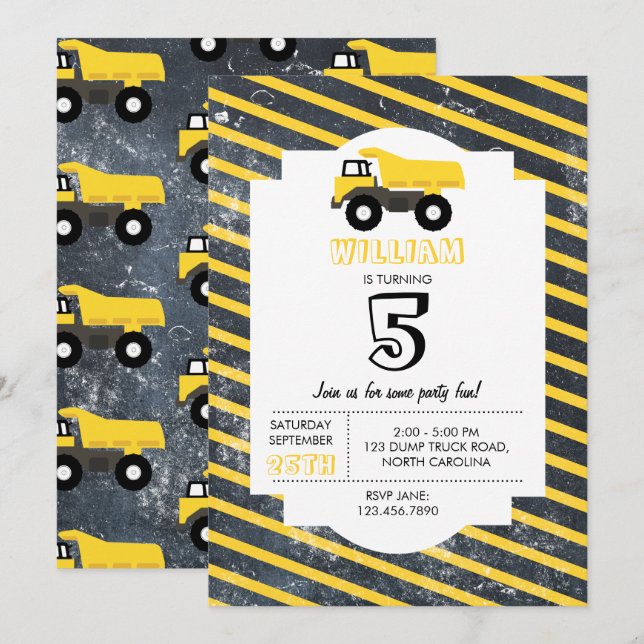 Dump Truck Construction Trucks Birthday Invitation (Front/Back)