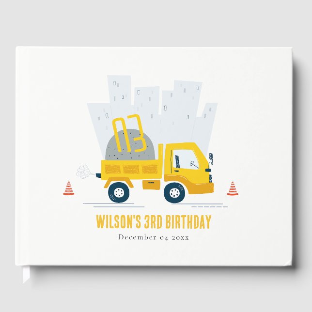 Dump Truck Construction Vehicle Kids Birthday Guest Book (Front)