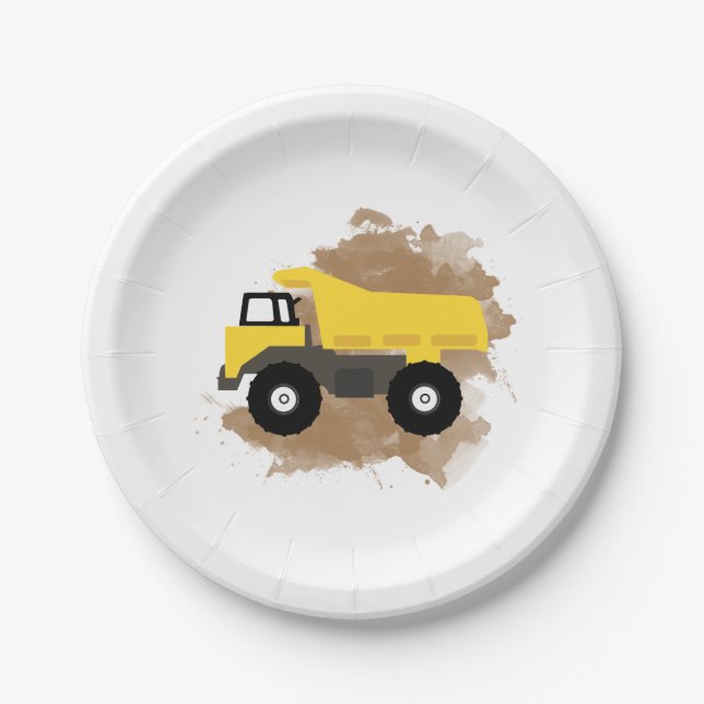 Dump Truck Construction Vehicle Mud Watercolor Paper Plates (Front)