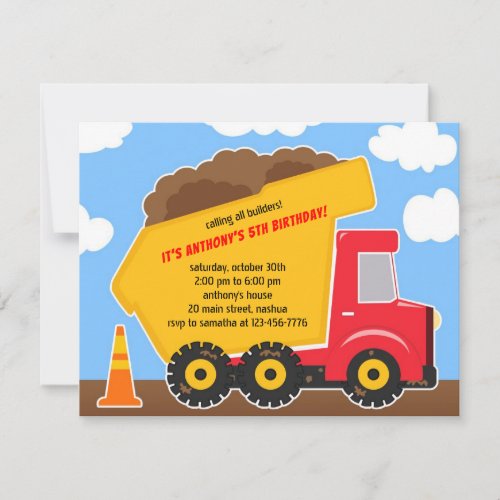 Dump Truck Construction Birthday Invitation