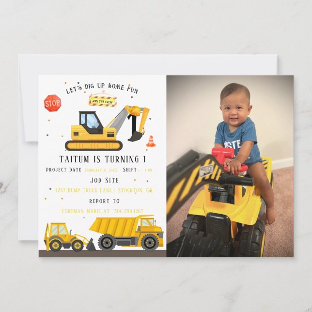 Dump Truck & Digger | Kids Construction Birthday  Invitation (Front)