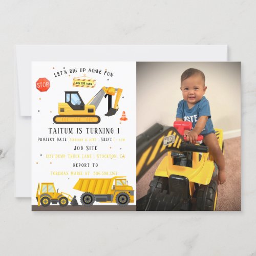 Dump Truck  Digger  Kids Construction Birthday  Invitation