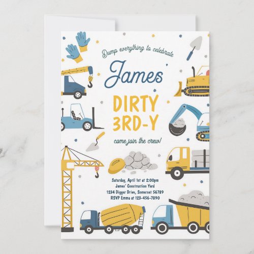 Dump Truck Dirty 3rd Birthday Invitation