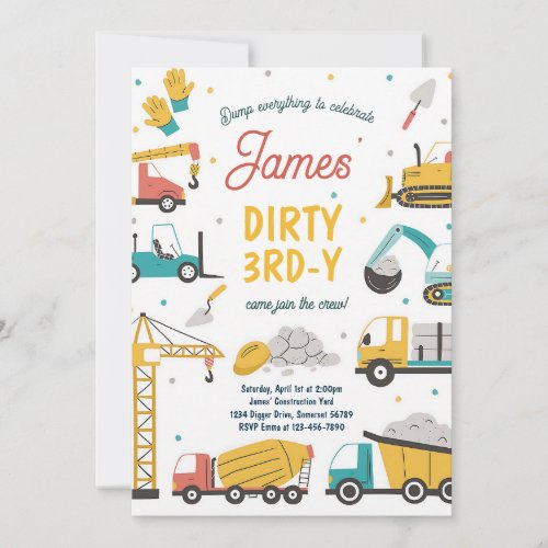 Dump Truck Dirty Third Birthday Construction Invitation