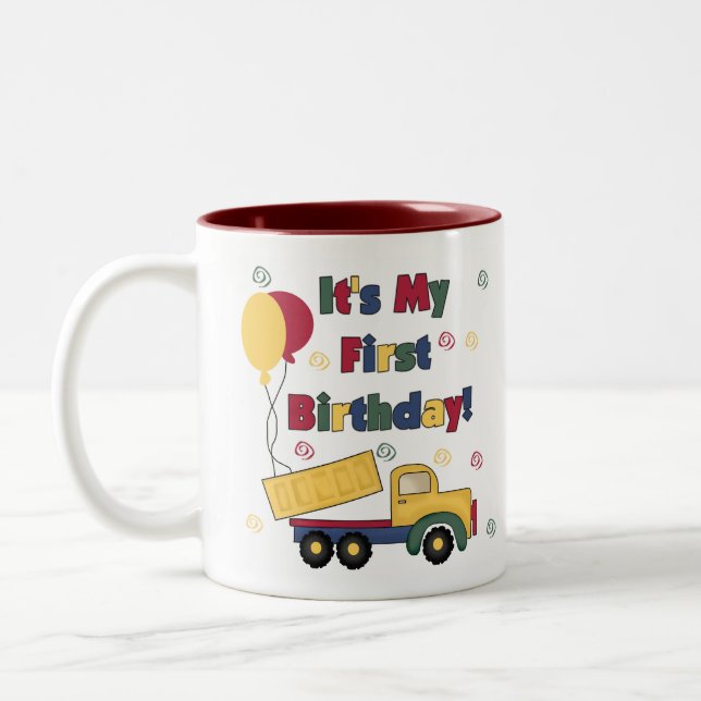 Dump Truck First Birthday Two-Tone Coffee Mug (Left)