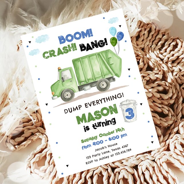 Dump Truck Green Garbage Truck Boy Birthday Invitation (Creator Uploaded)