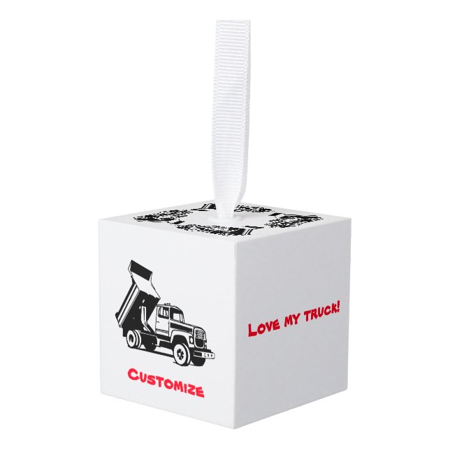 dump truck love red cube ornament (Front Angled)