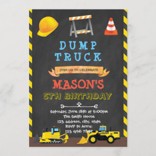 Dump truck party birthday invitation