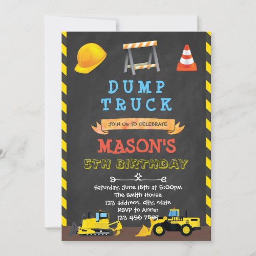 Dump truck party birthday invitation
